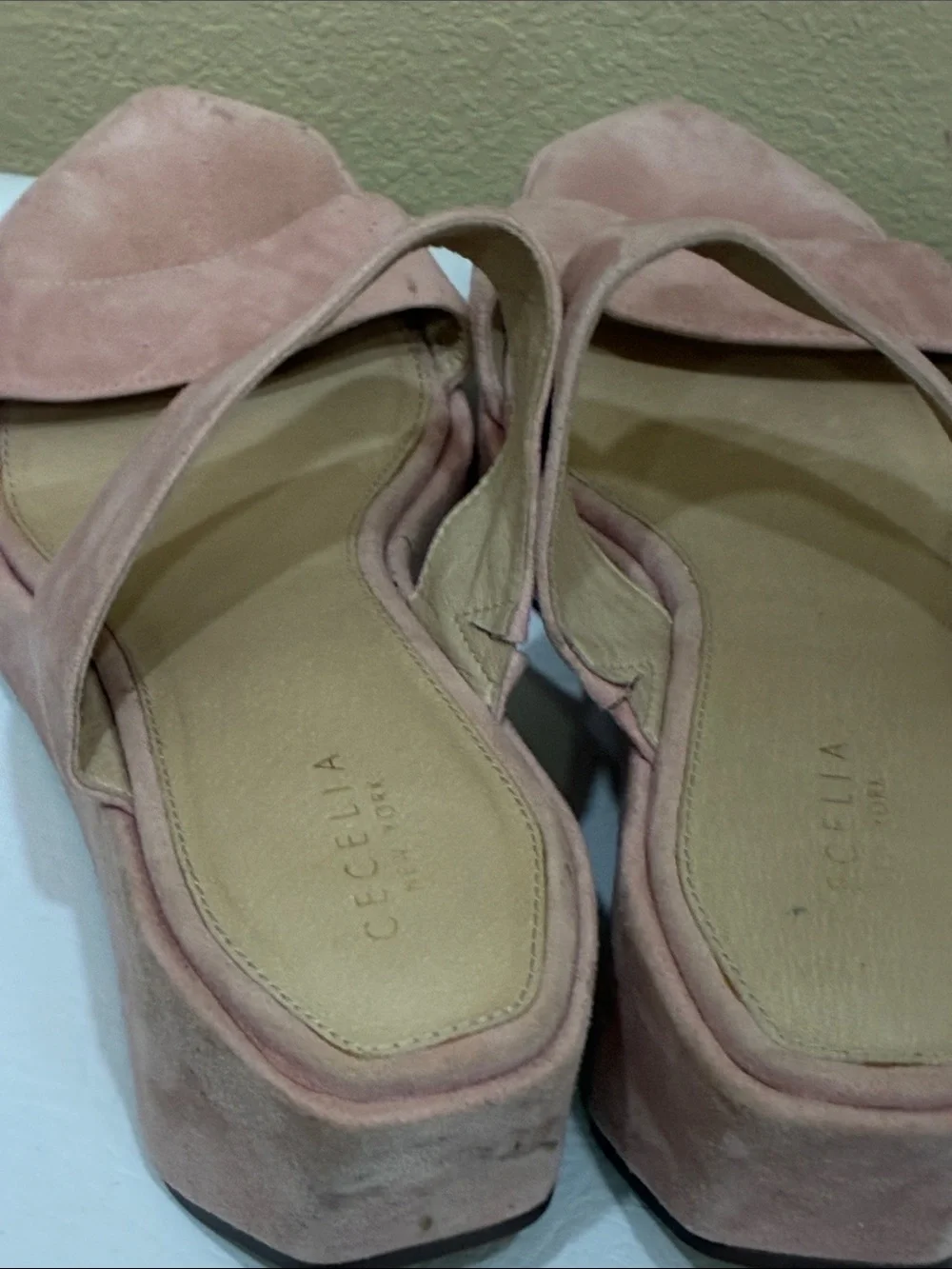 CECELIA NEW YORK Dusty Rose Suede Double-Strap Wedge Slides